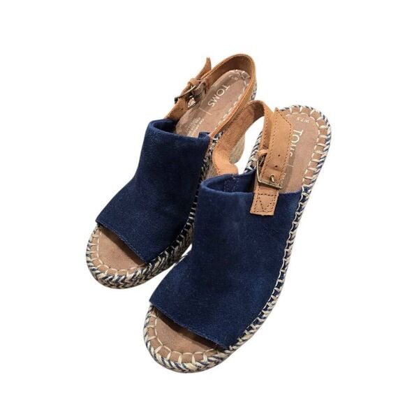 Toms Monica Espadrille Sandals Women's 7.5 Blue Suede Wedge Heel Formal Preppy - Picture 2 of 5